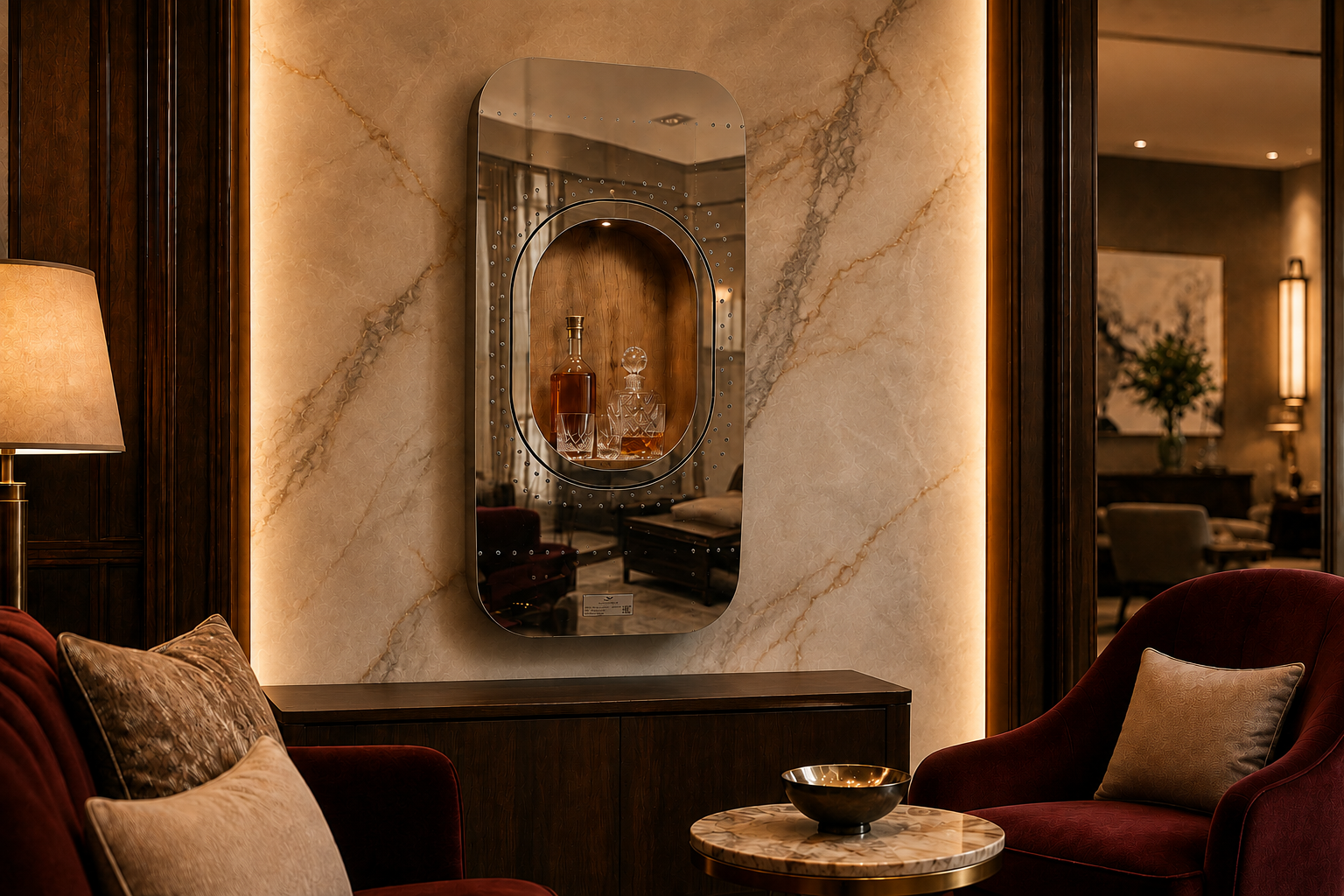 Skypak Aircraft Window Wall Bar ONE in polished aluminium with an integrated bar compartment, whisky bottles and glasses in a luxury lounge
