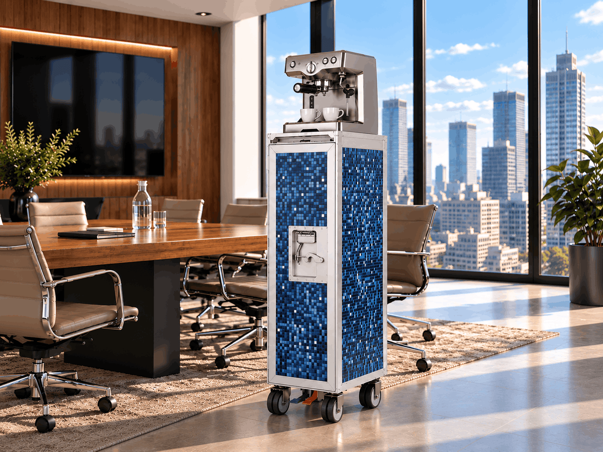 Skypak Mobile Coffee Station featuring a blue mosaic airline trolley and espresso machine in a modern executive office.