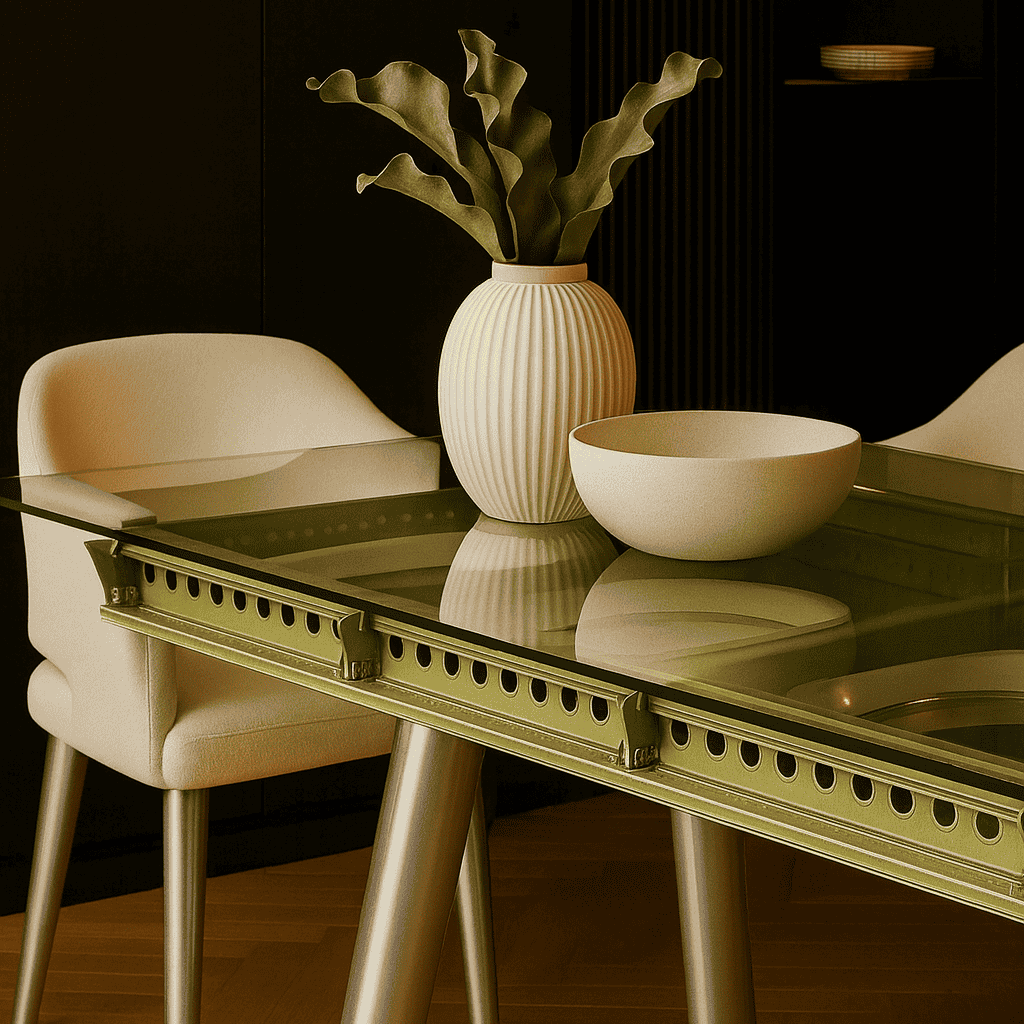 Versatile designer table with aircraft window top as elegant statement for dining room or executive office
