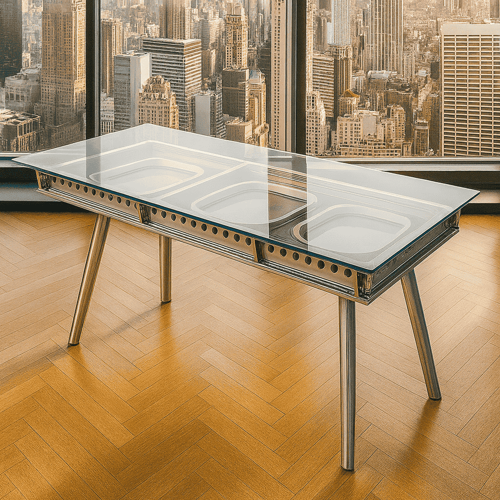 Collectible conference table with original aircraft window segments as design icon for luxury office interior
