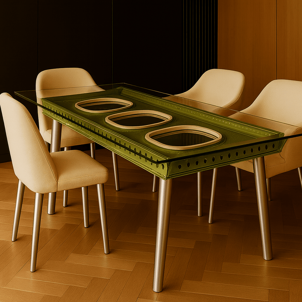 Statement dining table with aircraft window glass top as exclusive design feature in contemporary dining room