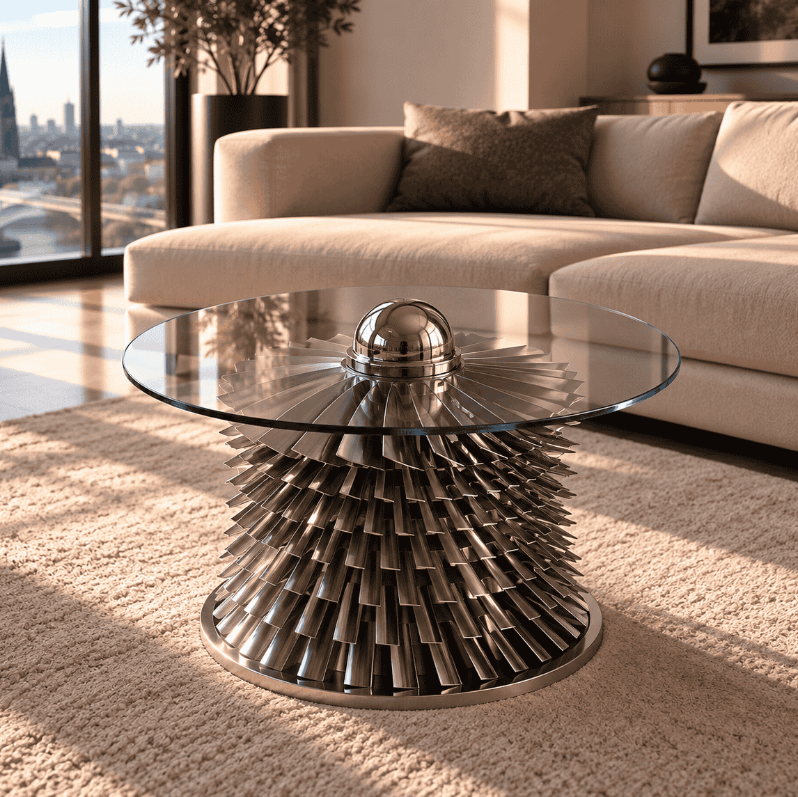 WINDWARD turbine coffee table as extraordinary engineering art centerpiece in luxury living room