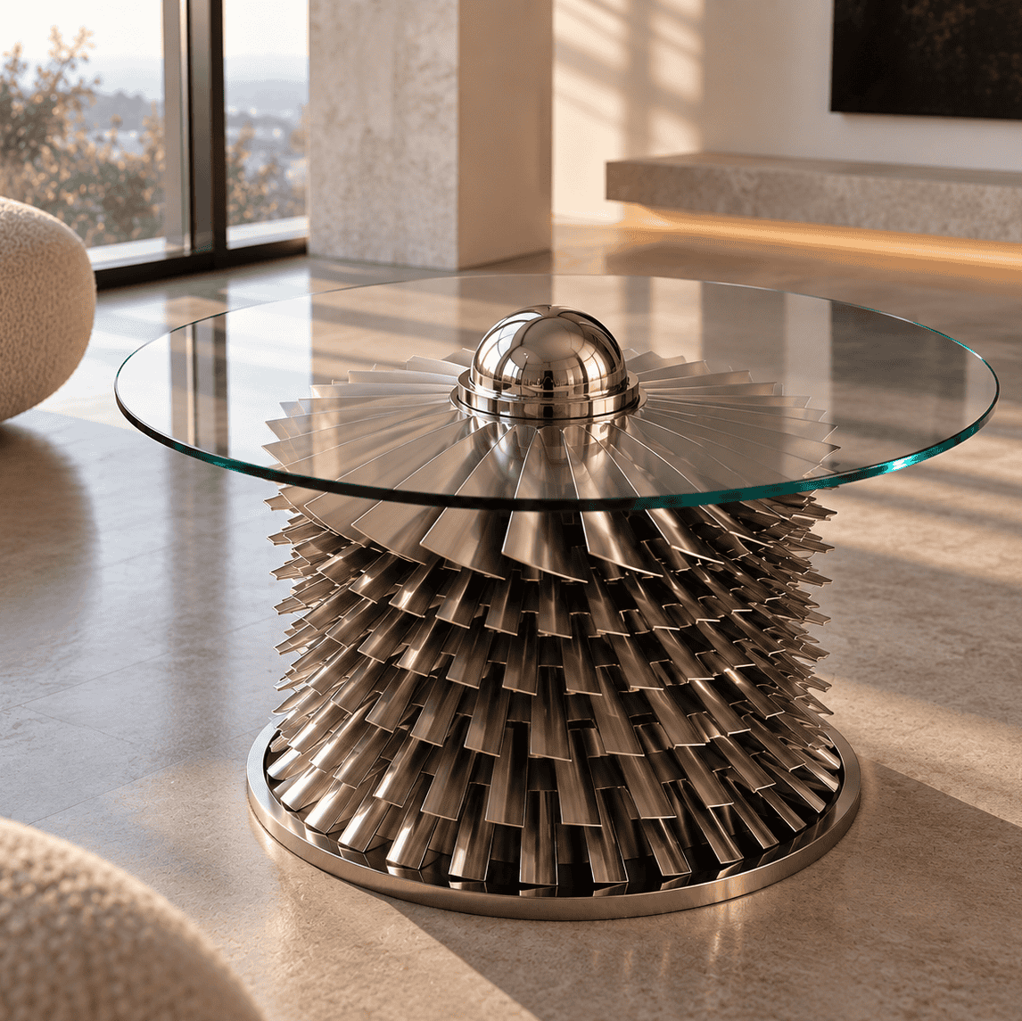 Collector's masterpiece coffee table with titanium turbine blade base as centerpiece in minimalist lounge
