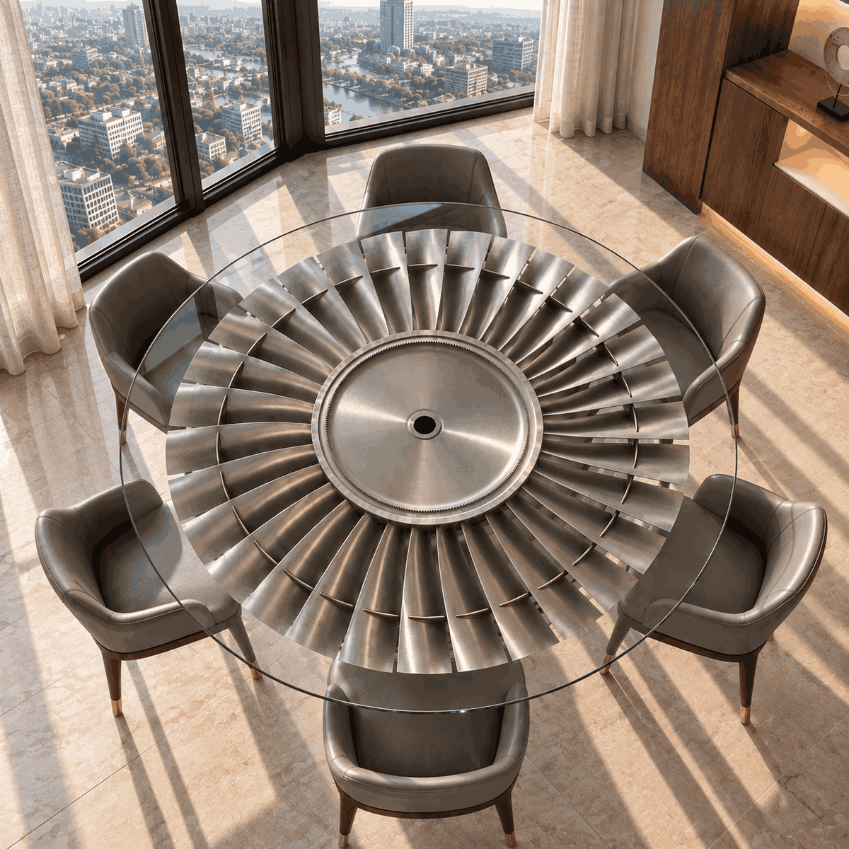 Top view of Skypak INTAKE dining table with original aircraft engine fan beneath a round glass top