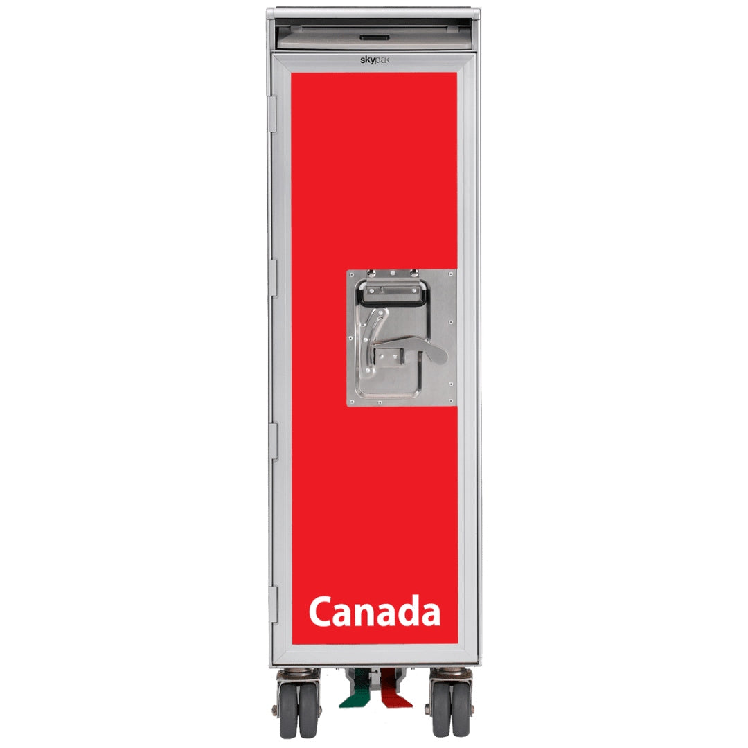 Hochwertiger Airline-Trolley aus Metall mit rotem Frontpanel und Skypak-Aufschrift Canada.