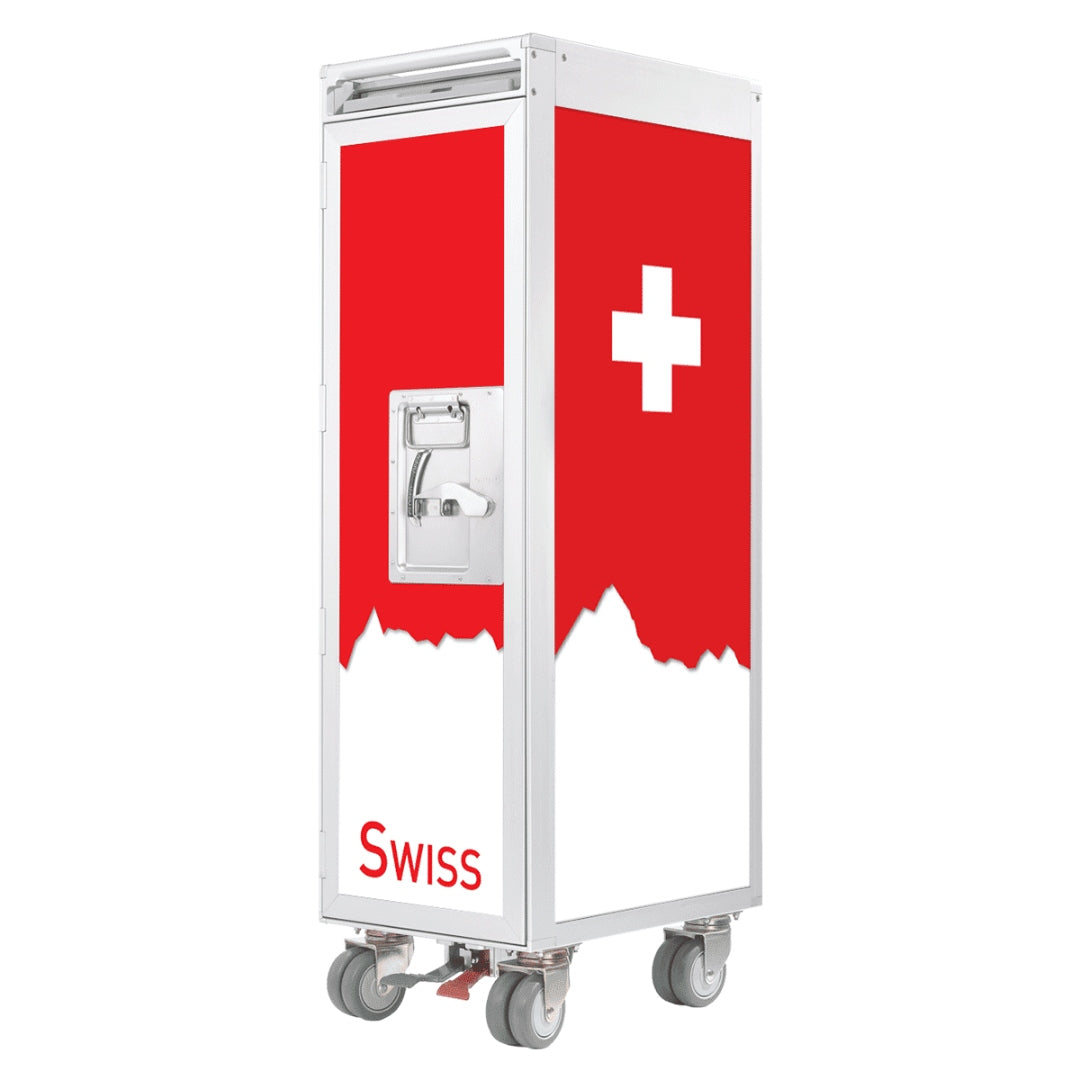 Airline-Trolley im Swiss-Design mit rotem Hintergrund, weißem Kreuz, Metallgriff und vier Rollen