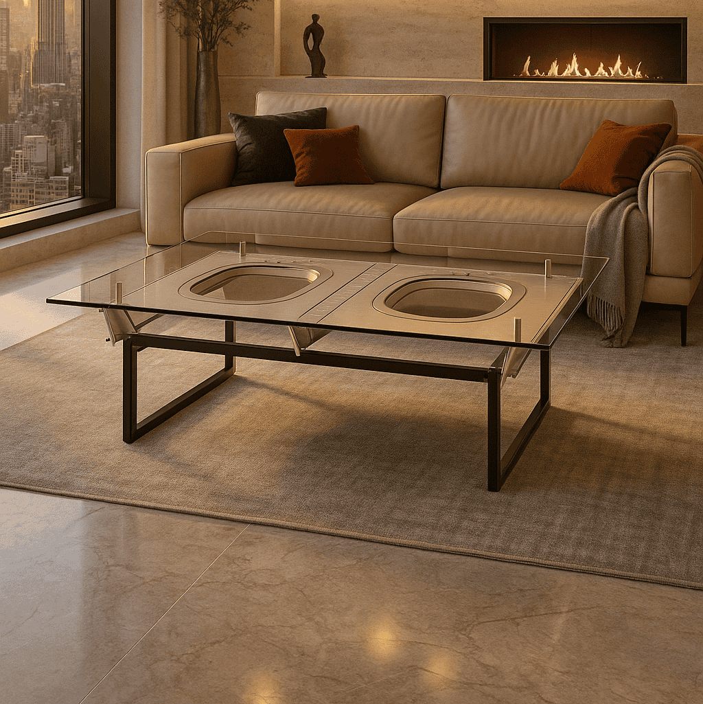 Beiges Ledersofa mit braunen Kissen und grauem Überwurf vor einem modernen Couchtisch und Wandkamin.