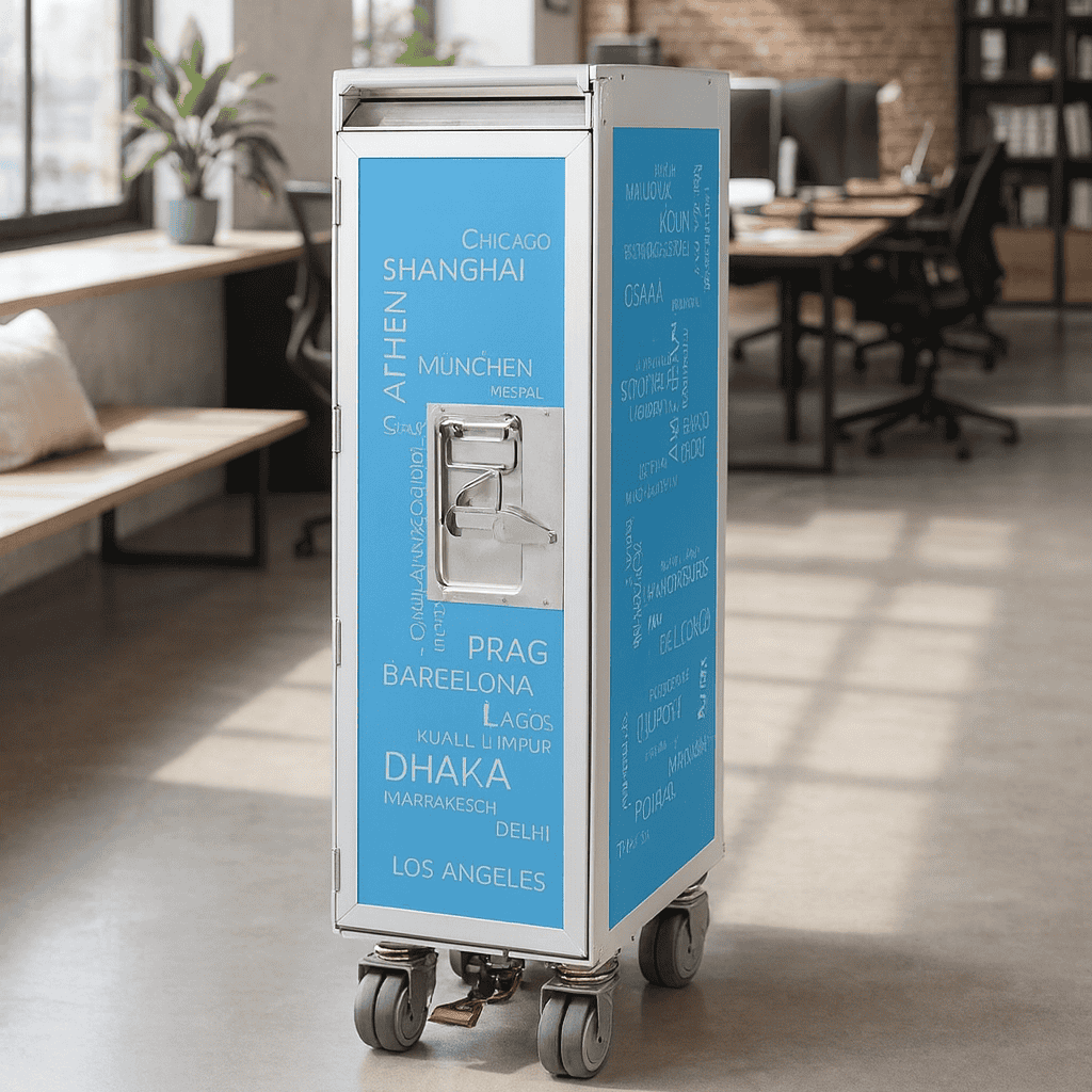 Mobiler blauer und silberner Airline-Trolley mit Stadtnamen in modernem Büro mit Backsteinwänden