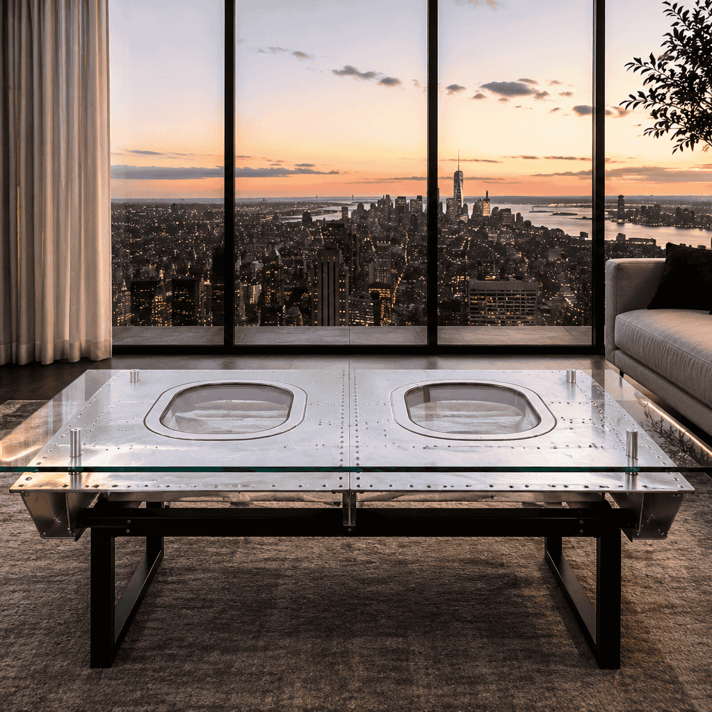 JFK Coffee Table – DUO aircraft fuselage wall with glass top in a modern luxury interior