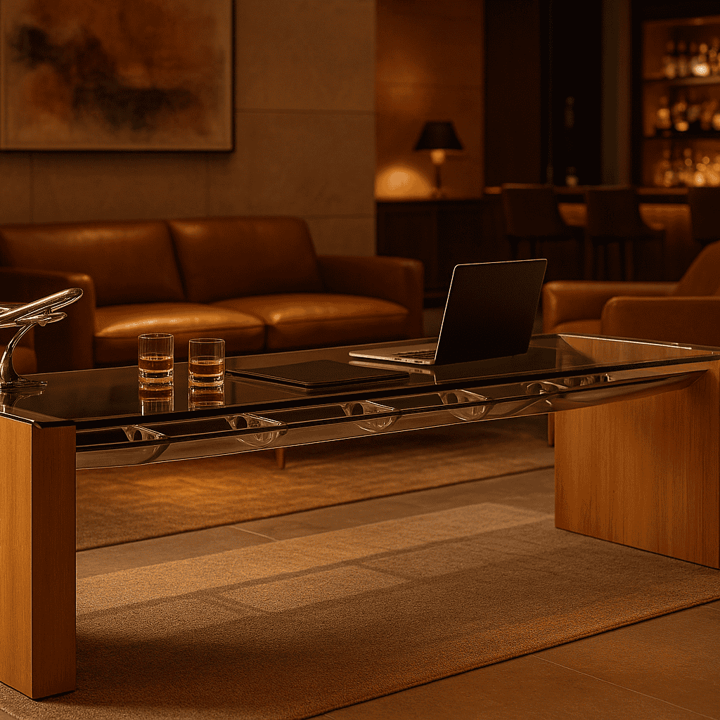 Elegante Lounge mit modernem Glastisch aus Holz und Metall, braunem Ledersofa und Sessel, abstraktem Gemälde sowie Bar.