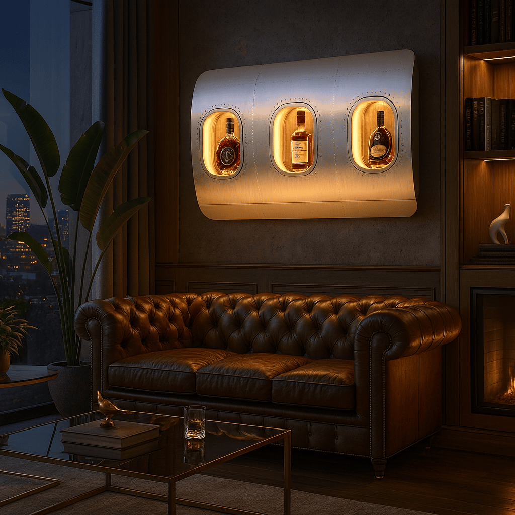 Elegante Wohnzimmerlounge mit gebogener Metallwand, illuminierten Flugzeugregalen, braunem Chesterfield-Sofa und Kamin.