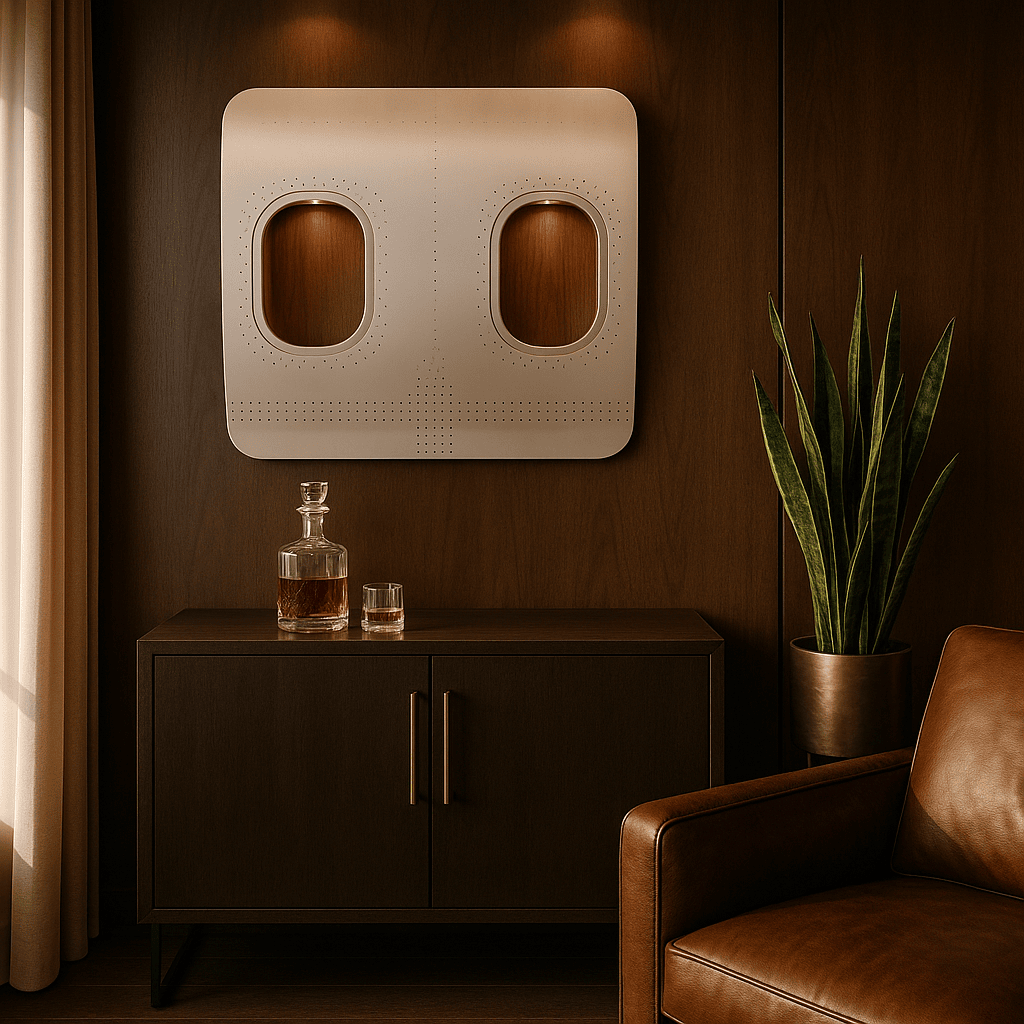 Elegantes Interieur mit dunklem Holzsideboard, Flugzeugfenster-Dekoration, Glasdekanter, Schlangenpflanze und Ledersessel