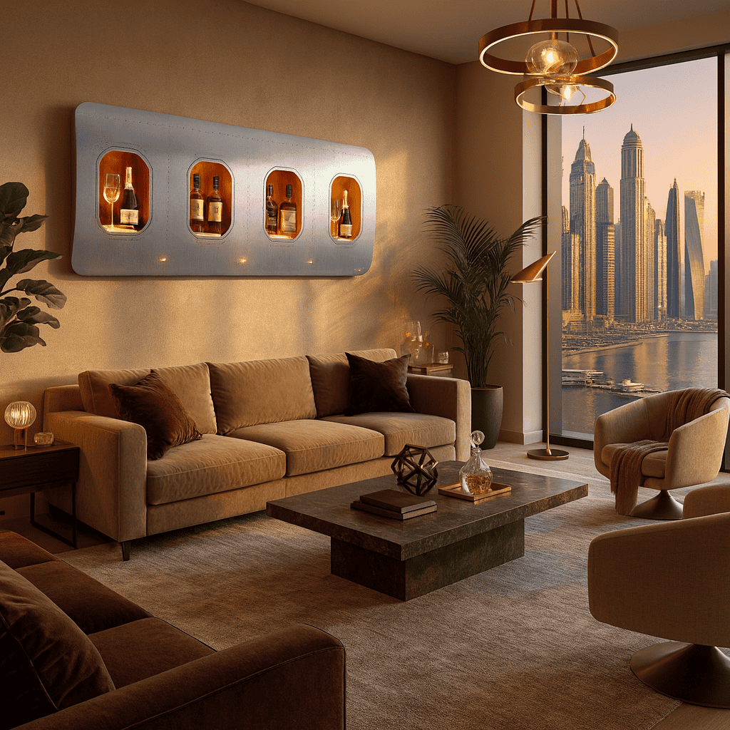 Elegantes Wohnzimmer mit beiger und brauner Einrichtung, großem Sofa und Wandbar aus Flugzeugfenstern mit Stadtblick.