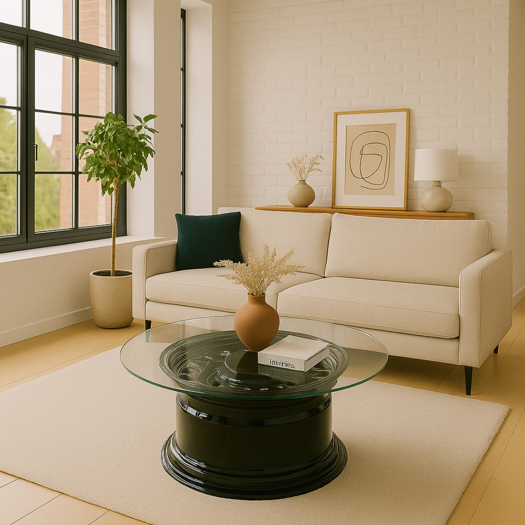 Elegantes Wohnzimmer mit beigem Designersofa, schwarzem Kissen, Glastisch mit brauner Vase, Buch 'inveries', Holzkonsole und grünem Blick.