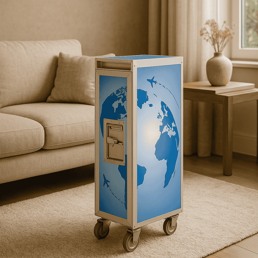 Elegantes Wohnzimmer mit beigem Sofa, hellem Teppich und hohem Metallcontainer mit blauen Paneelen und Flugmotiven