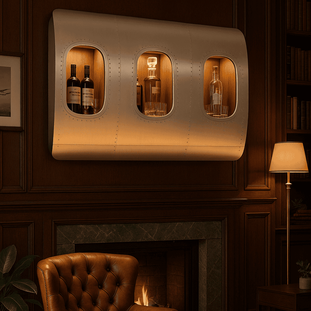 Elegantes Wohnzimmer mit Flugzeugrumpf-Wanddekoration, beleuchteten ovalen Fenstern und braunem Lederstuhl vor Kamin.