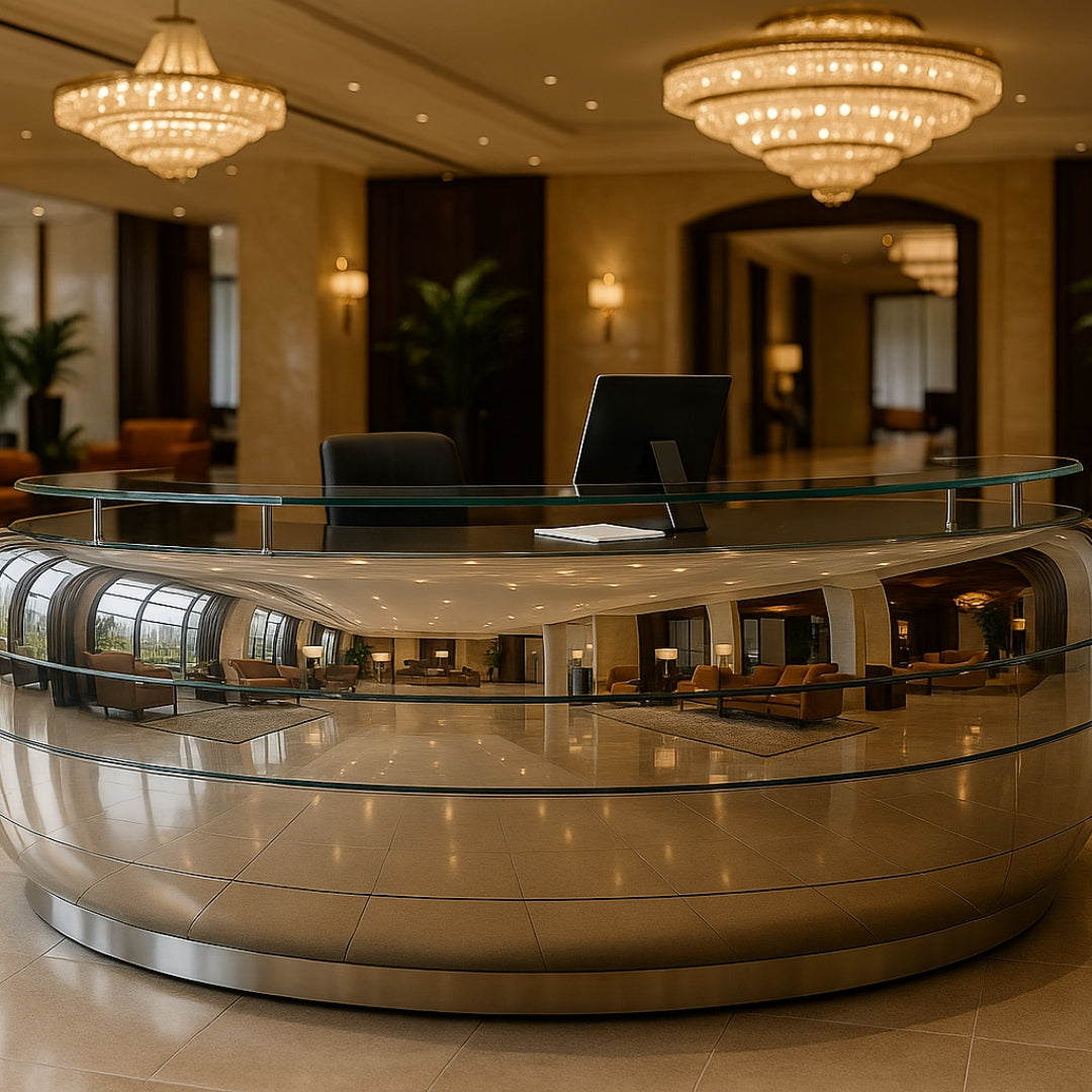 Empfangstresen aus poliertem Metall im luxuriösen Empfangsbereich mit Kristallleuchtern