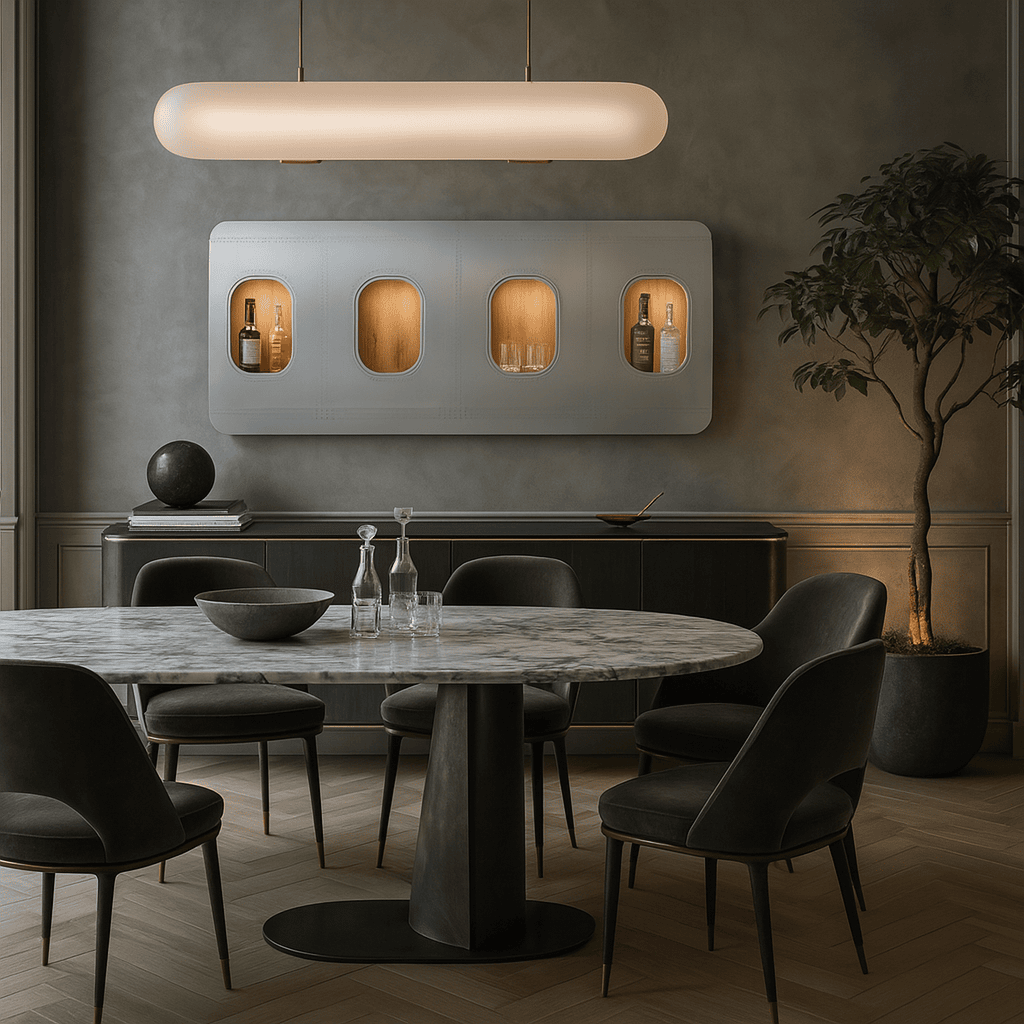 Eleganter Essbereich mit ovalem Marmortisch, fünf schwarzen Polsterstühlen und beleuchtetem Wandregal.