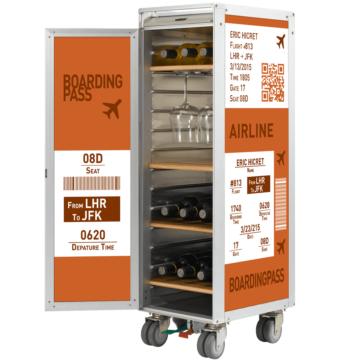 Exklusiver Airline-Trolley aus Flugzeugmaterial mit offenem Fach und Weingläsern, verziert mit Boardingpass-Design.