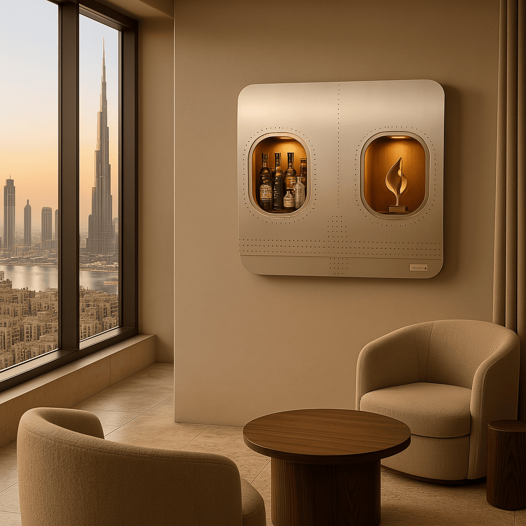 Gemütliche Sitzecke mit beigen Sesseln und Holztisch vor beleuchtetem Flugzeugfenster-Display. Burj Khalifa bei Sonnenuntergang.