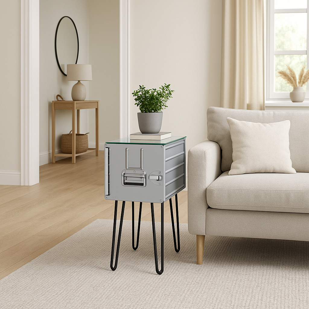 Gemütliches, modernes Wohnzimmer mit beigem Sofa, Beistelltisch, Holzkonsole und Spiegel.