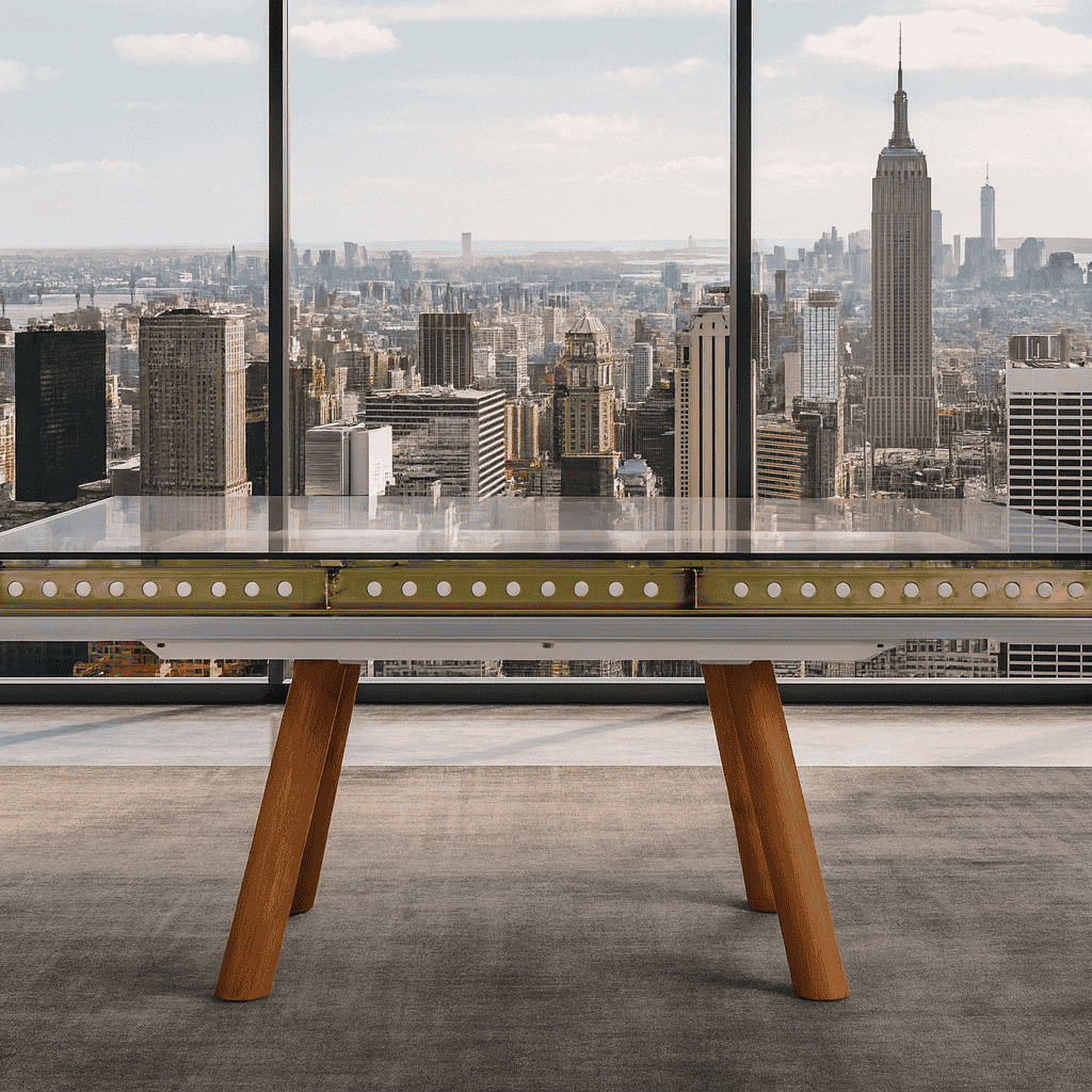 Moderner Glastisch mit Holzbeinen vor bodentiefen Fenstern mit Blick auf die Stadtsilhouette.