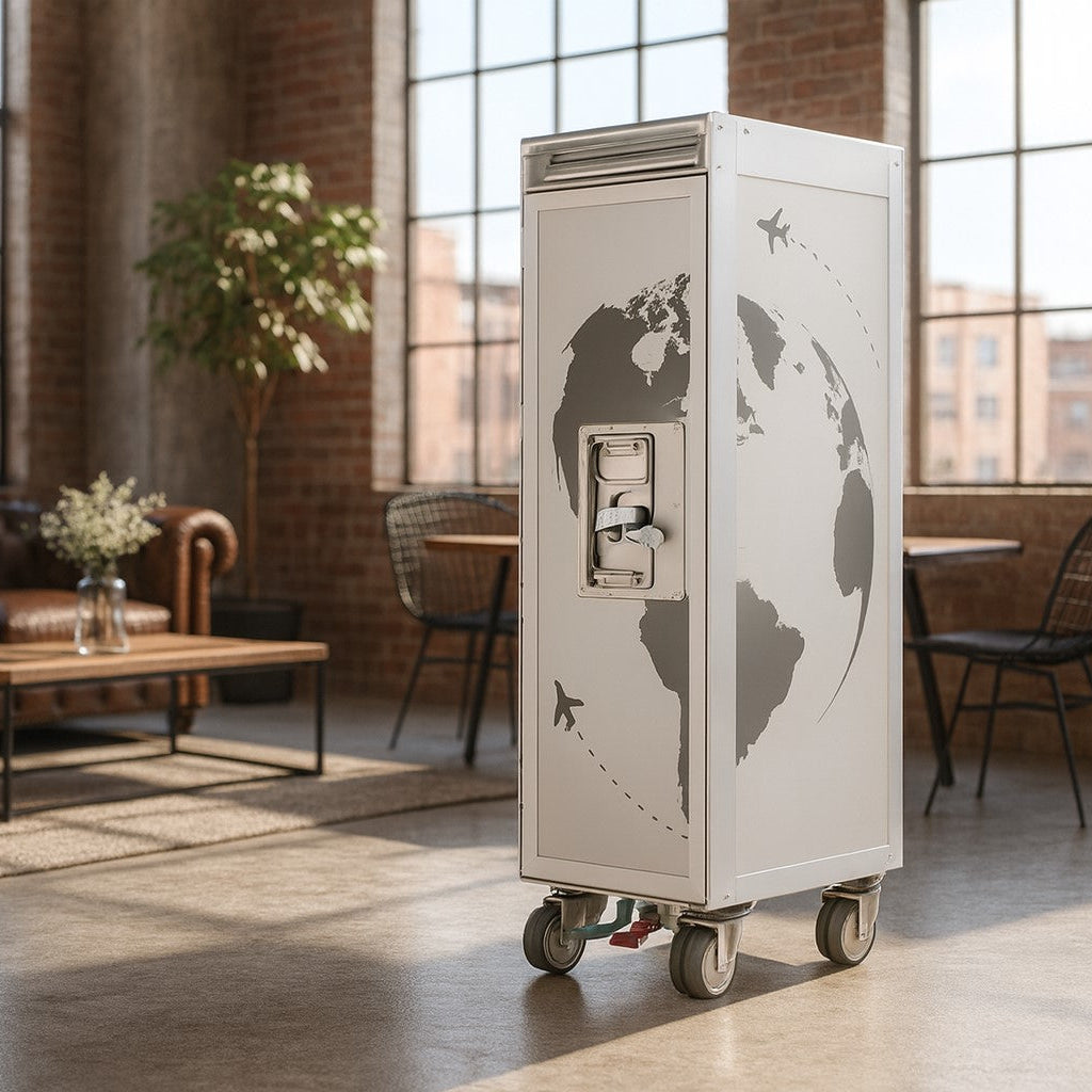 Großer weißer Skypak Airline Trolley mit Weltkarte in modernem Industrieraum