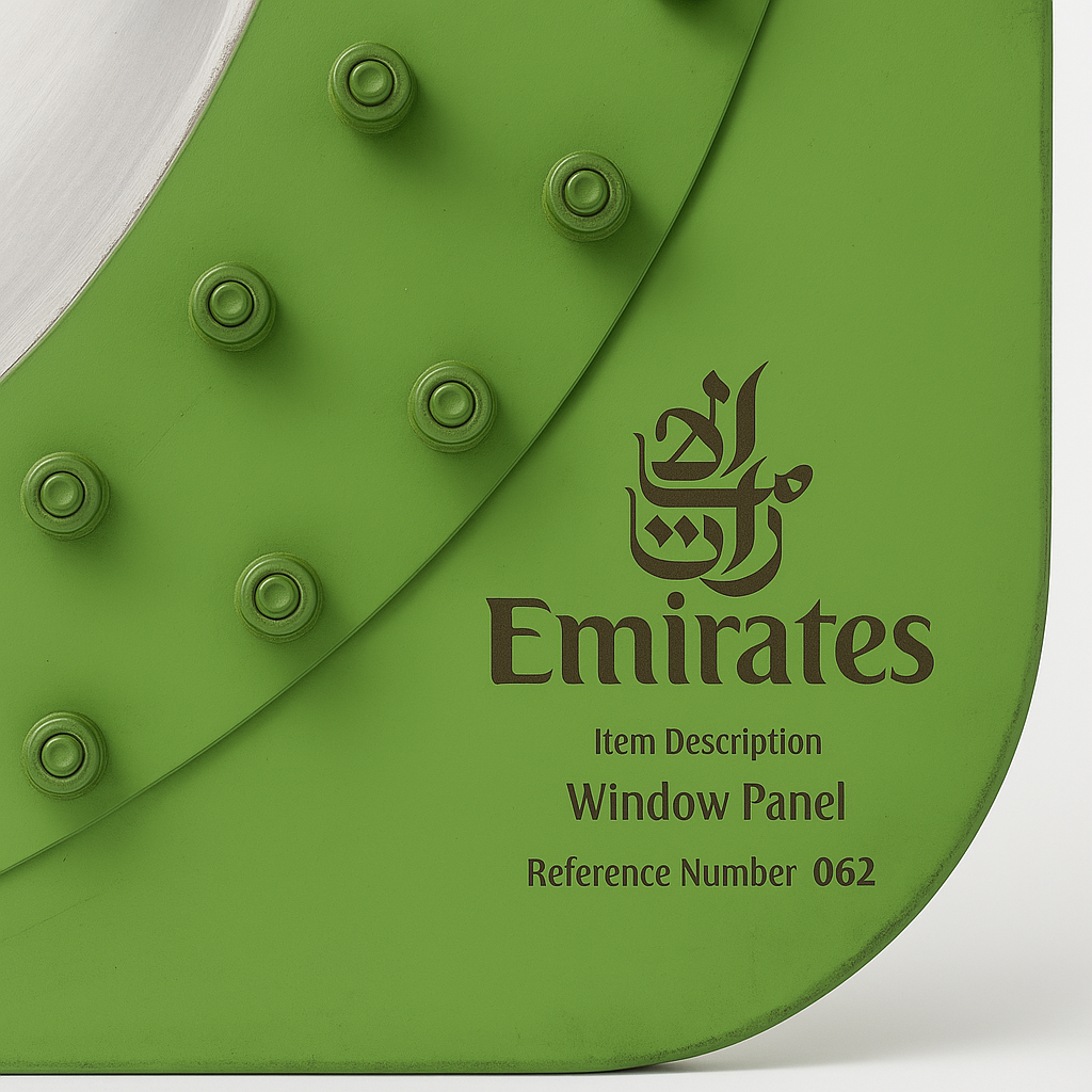 Nahaufnahme eines grünen Metallfensterpaneels mit schwarzem Emirates-Logo und Referenznummer 062, sichtbare Nieten