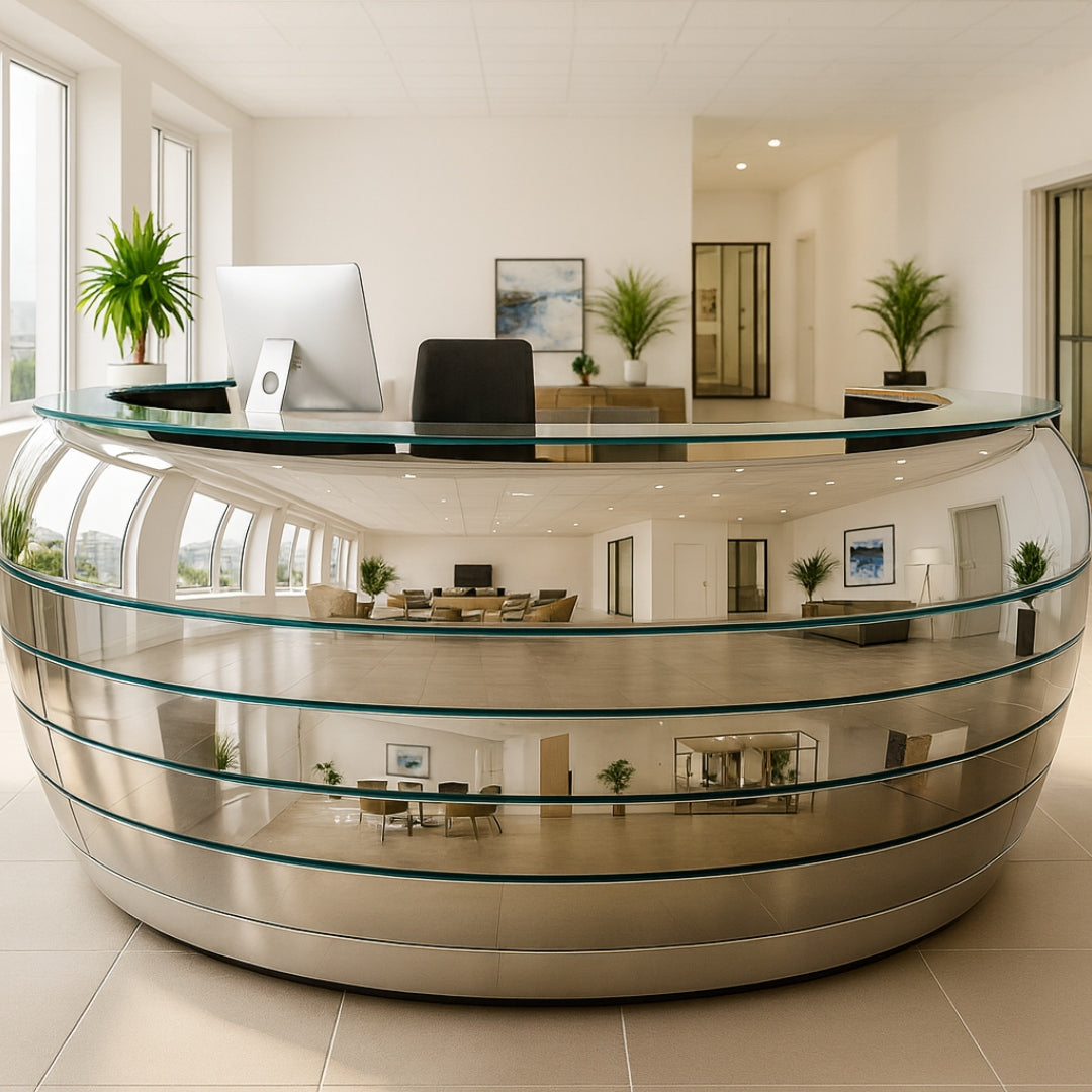 Halbrunder Empfangstresen mit Metallfront und Glastischplatte in modernem Büro mit Pflanzen und Kunst.