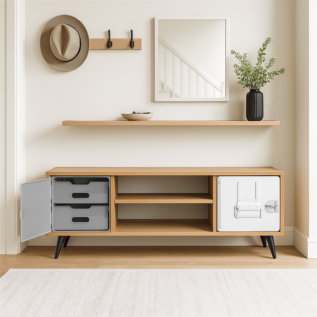 Minimalistisches Interieur mit hellem Holzsideboard, weißem Metalltürchen, hängendem Regal, Vase und Spiegel.