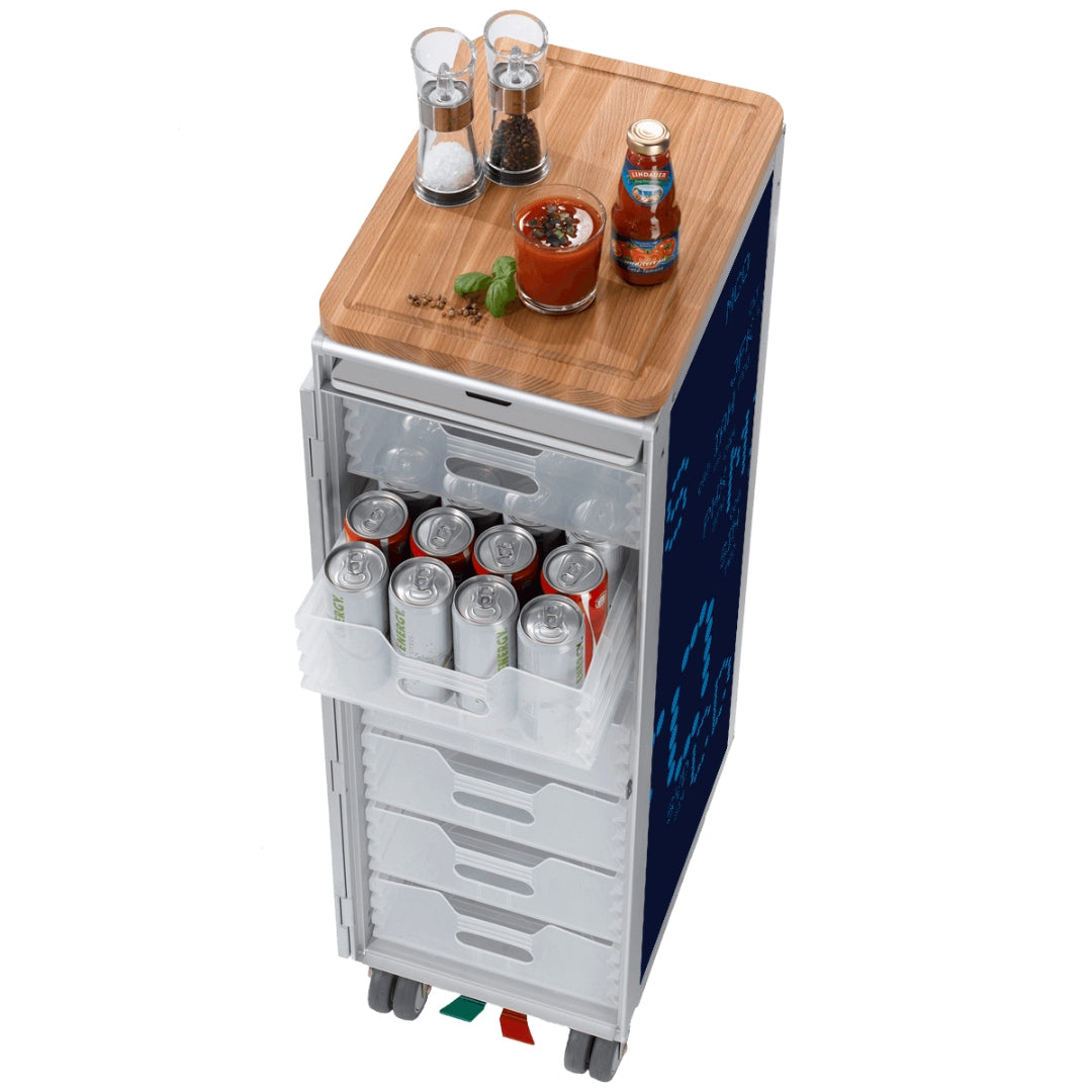 Hochwertiger Highlander Airline Trolley Minibar aus Holz und Kunststoff mit Getränken und Gewürzen auf Rollen