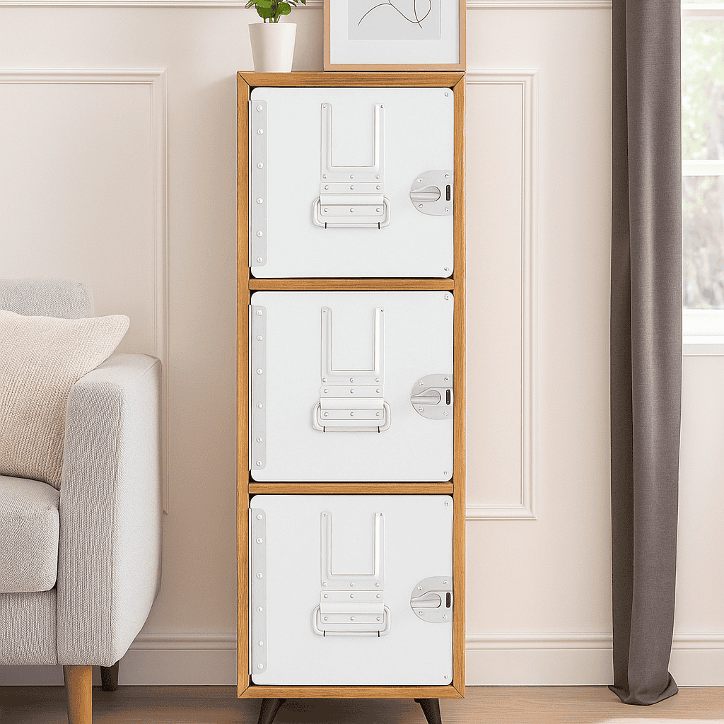 Hochschrank mit drei weißen Metalltüren im Locker-Stil aus Flugzeugteilen, neben grauem Sofa an beige verzierter Wand.