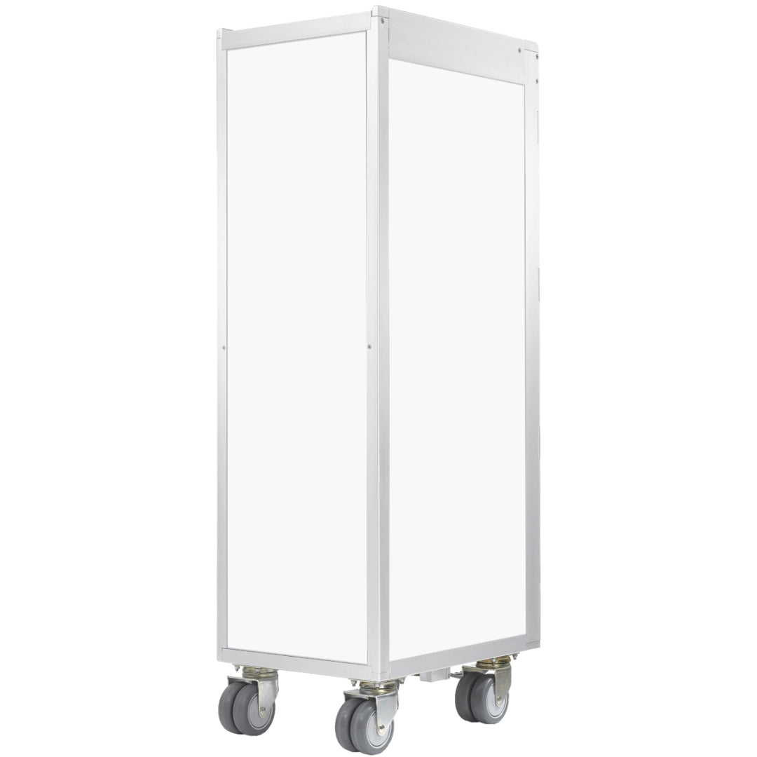 Hoher weißer Lagerwagen mit glatter Oberfläche und vier grauen Rollen zur einfachen Mobilität