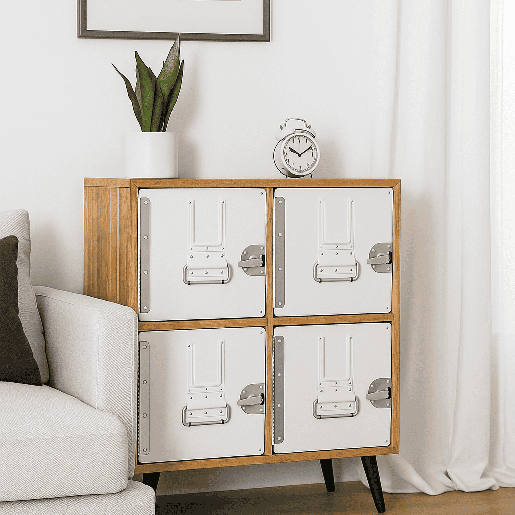 Moderner Holzschrank mit weißen Metallschubladen, wecker und Schlangenpflanze im Wohnzimmer.