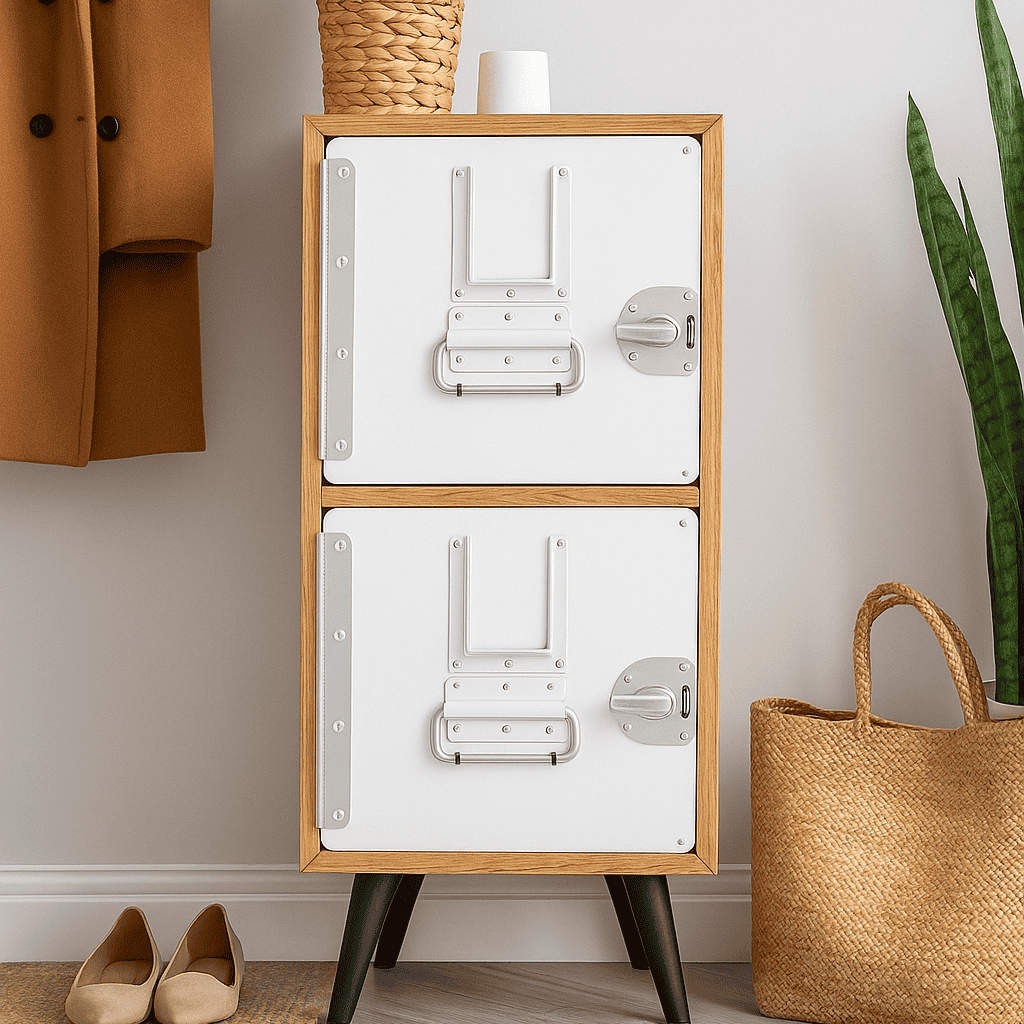 Kleiner Holzschrank mit weißen Türen und schwarzen Metallgriffen auf schrägen Beinen, neben Bogenhanf.