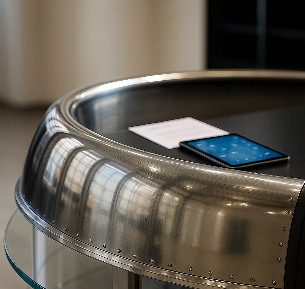 Modernes Robotik-Liefergerät HummingbirdBot mit glänzendem Metallgehäuse auf einem Glastisch in urbanem Innenraum.