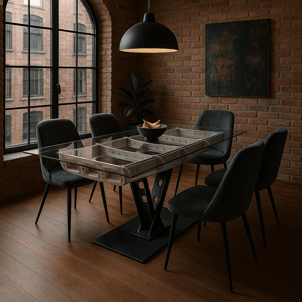 Modern eingerichteter Essbereich mit rechteckigem Glastisch, dunkelgrauen Polsterstühlen und schwarzer Hängeleuchte.