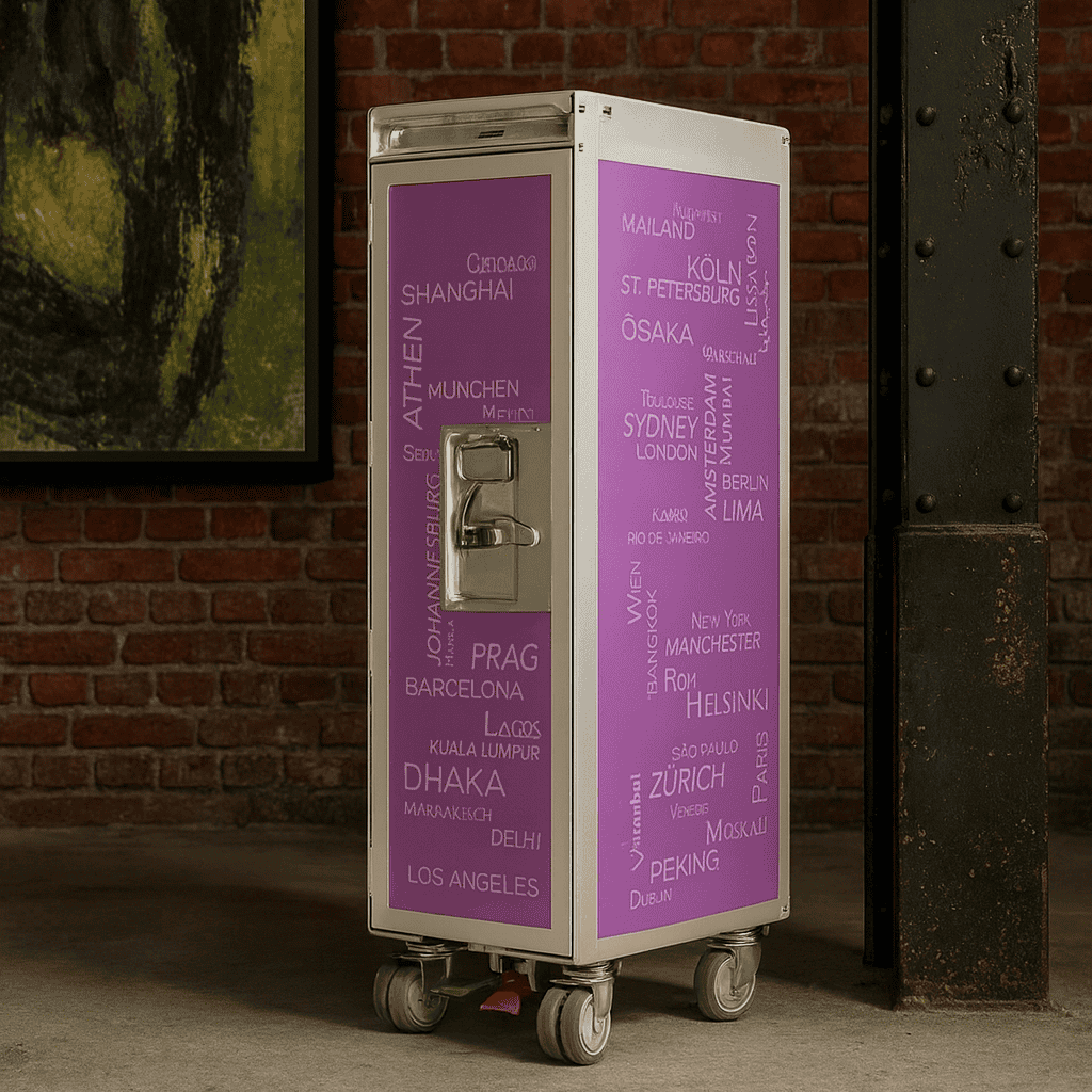 Industriedesign-Rollwagen mit violetten Paneelen und weißen Stadtnamen vor roter Backsteinwand