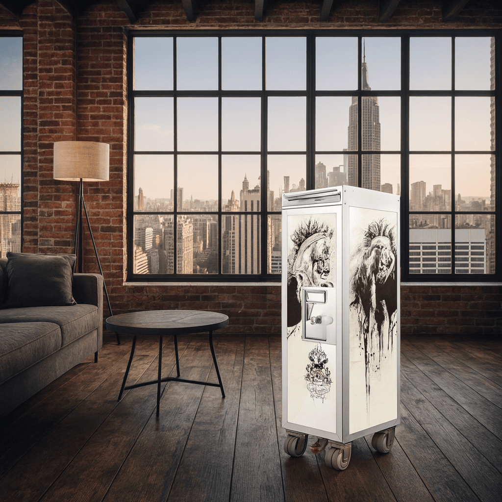 Industrieller Wohnraum mit Backsteinwand, großen Fenstern, grauem Sofa und weißem Rollschrank.