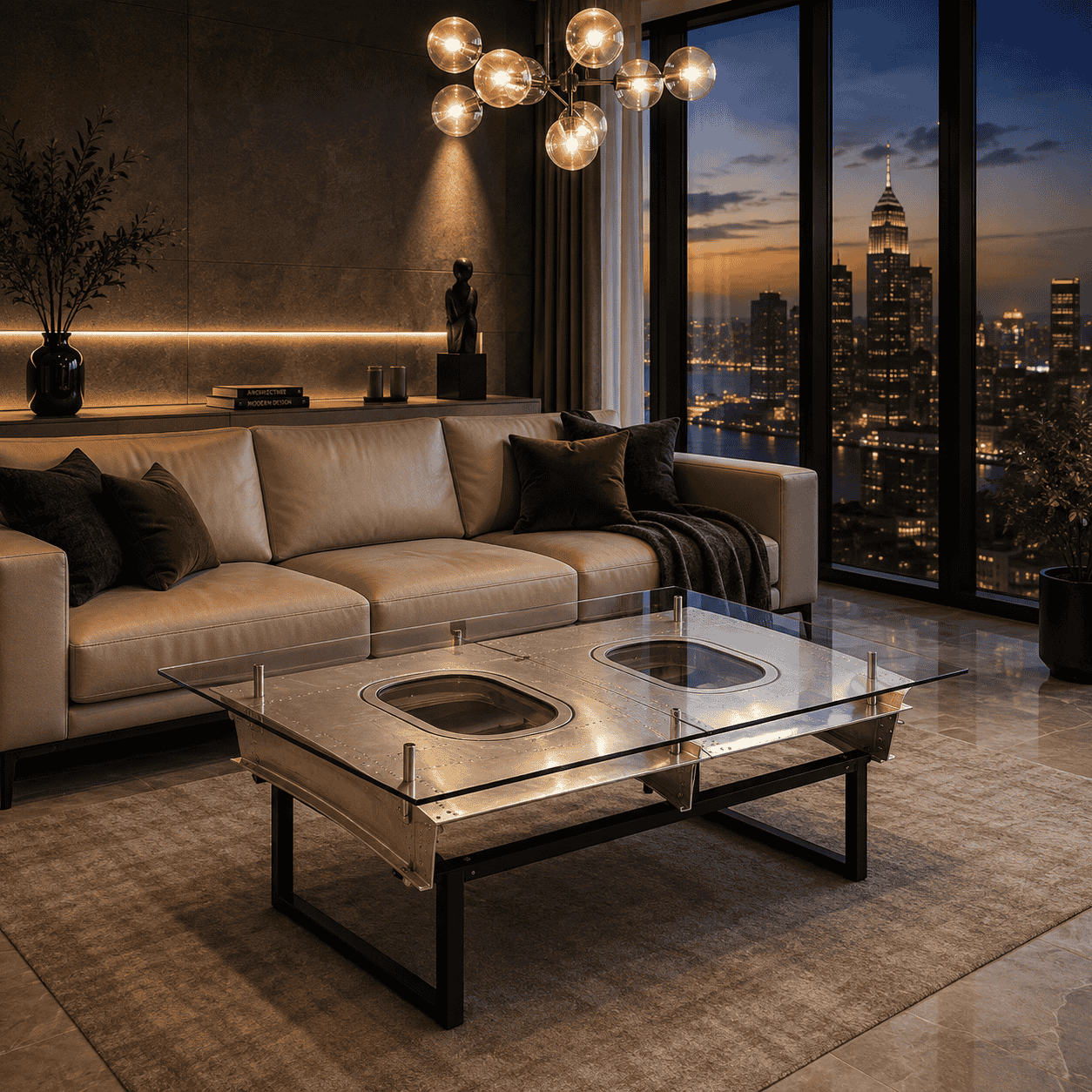 JFK aircraft coffee table with DUO fuselage panels and glass top in an elegant evening interior