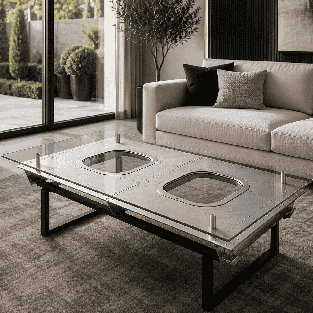 JFK Coffee Table – DUO aircraft fuselage wall with glass top in a contemporary luxury living room