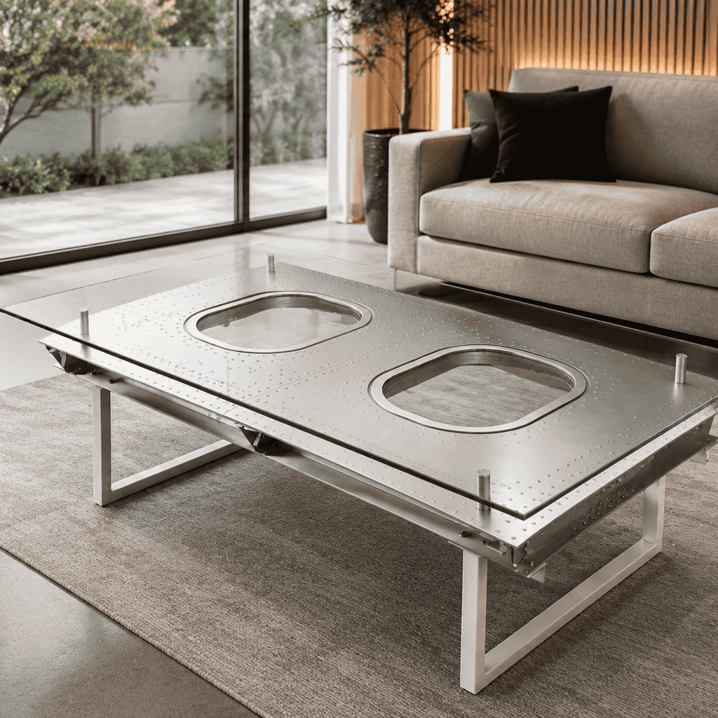 JFK DUO aviation coffee table crafted from aircraft fuselage panels with a glass top in a sophisticated living space