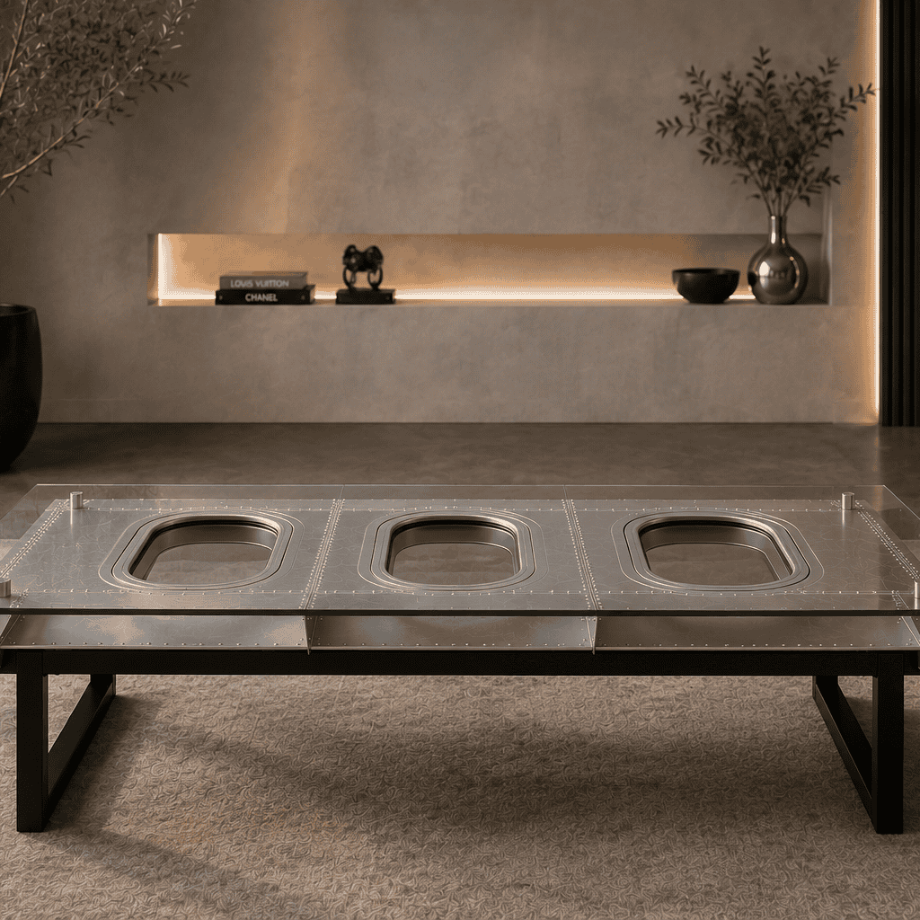 Front view of the Skypak JFK TRIO coffee table featuring three aircraft windows, riveted aluminium panels and a glass top