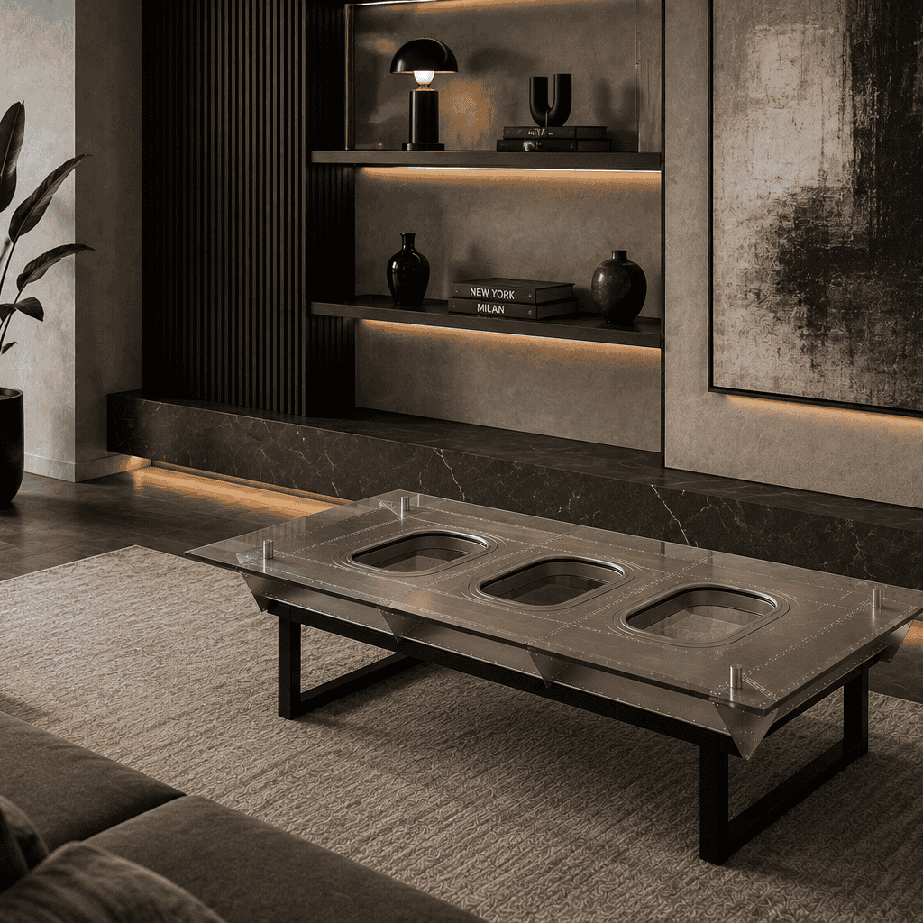 JFK TRIO aircraft coffee table by Skypak with three original aircraft windows and glass top in a modern luxury interior