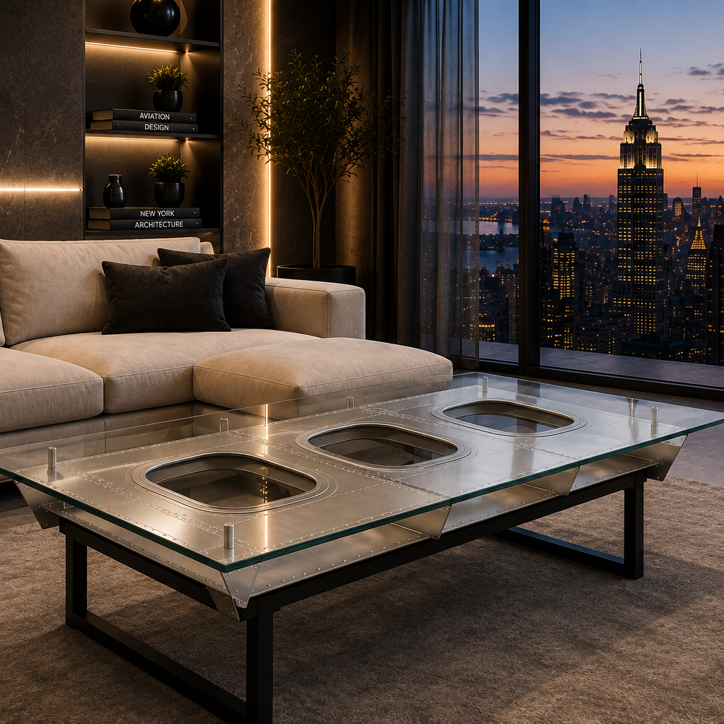 Skypak JFK TRIO coffee table with three aircraft windows, paired with a contemporary cream sofa in an elegant luxury living room