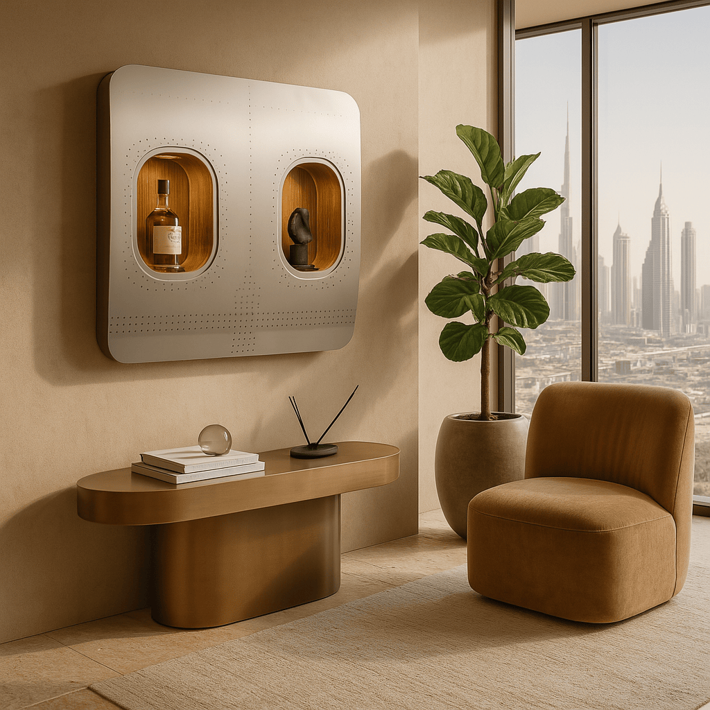 Elegante Lounge-Ecke mit Wandvitrine in Flugzeugfensteroptik, weißer Eiche, braunem Tisch, Sessel, Pflanze und Stadtblick