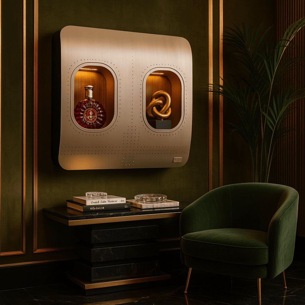 Elegante Lounge mit Flugzeugfenster-Display, grünem Samtsessel, Marmortisch und goldenen Wänden.