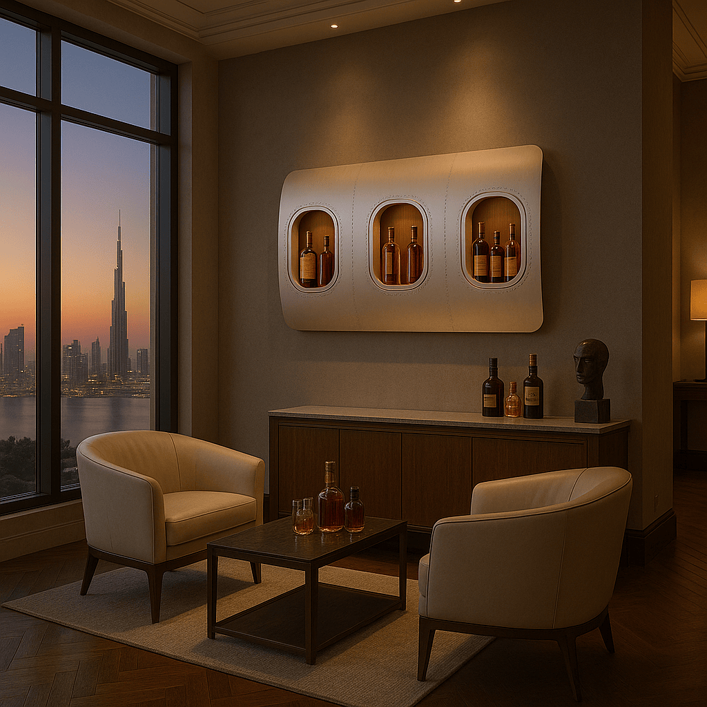 Luxuriöse Lounge mit beigen Ledersesseln, Holztisch und Spirituosenflaschen