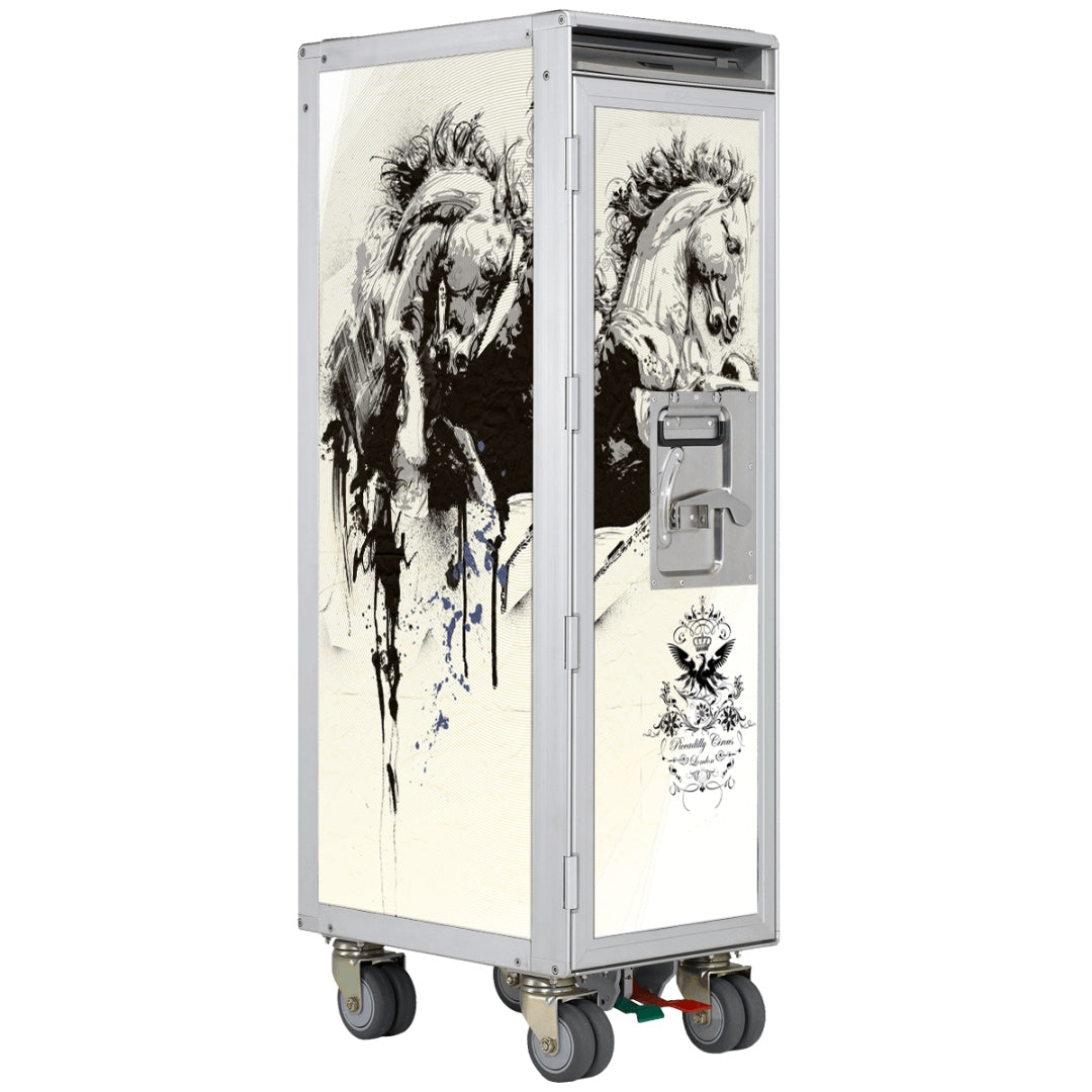 Hoher Metall-Aufbewahrungsschrank mit Pferdeillustration und verschließbarem Griff auf Rollen