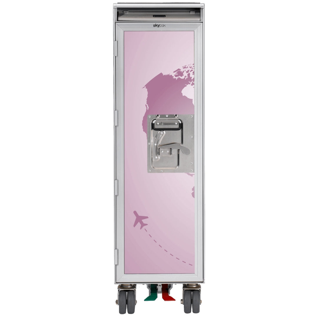 Schlanker Metallaufbewahrungstrolley aus Flugzeugteilen mit vier Rollen, Verschluss und lilafarbener Nordamerika-Karte.